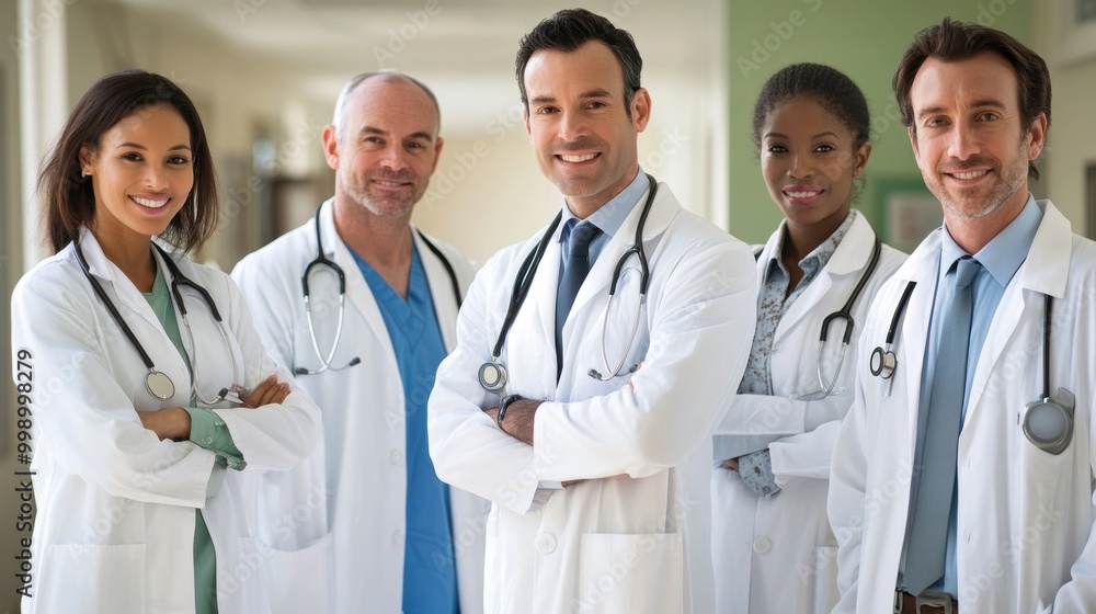 Diverse group of doctors with stethoscopes smiling in hospital corridor Diverse group of doctors with stethoscopes smiling in hospital corridor