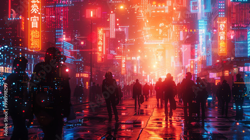 Crowd walking in neon-lit futuristic city street
