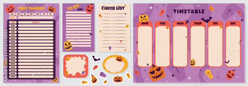 Set of daily planner page template, timetable, check list, to do list, halloween daily organizer, time menagement concept on purple background with orange, scary pumpkins, graves stickers, stars photo