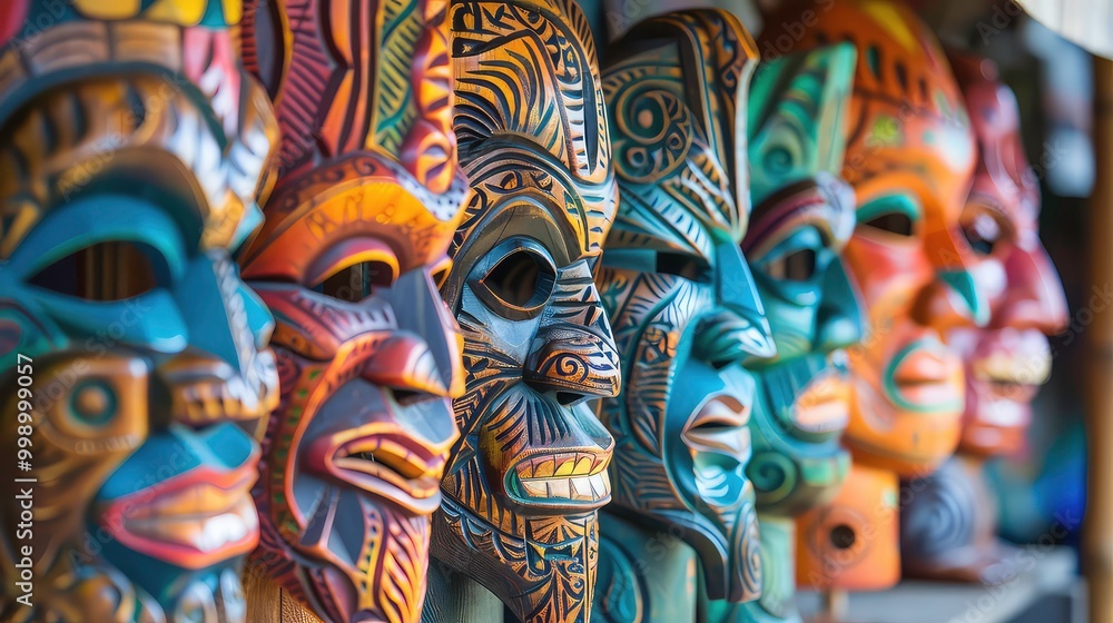 A close-up of a row of colorful wooden masks with intricate carvings, showcasing their traditional design and craftsmanship. A close-up of a row of colorful wooden masks with intricate carvings, showcasing their traditional design and craftsmanship.