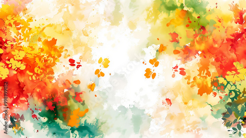 Autumn background abstract watercolor. Yellow, red, orange, green colors of tree leaves, fall forest.