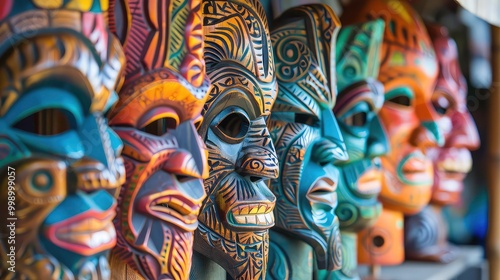 A close-up of a row of colorful wooden masks with intricate carvings, showcasing their traditional design and craftsmanship.