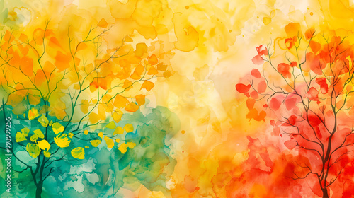 Watercolor painting colorful autumn background. Abstract drawing landscape with red yellow orange and fire colors trees in fall season. Art illustration for background.