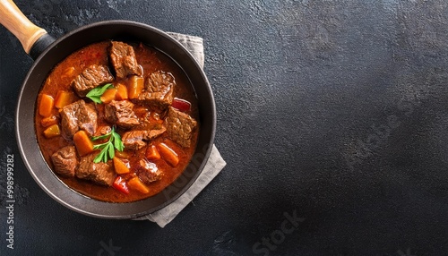 African Beef Stew in a frying pan On a black concrete surface, with space to copy text 