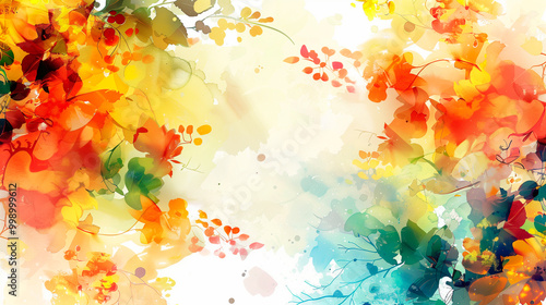Autumn background abstract watercolor. Yellow, red, orange, green colors of tree leaves, fall forest.