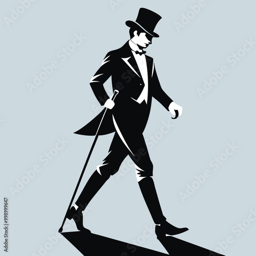 a man in a top hat and suit. He is walking with a cane in his right hand and his left hand is resting on his chin 