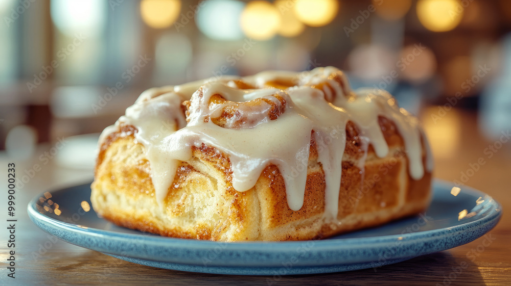 Close-up of a cinnamon roll with icing on a blue plate Close-up of a cinnamon roll with icing on a blue plate