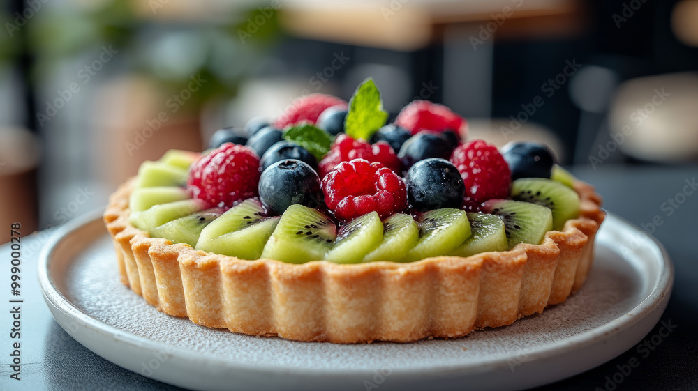 Close-up of a fruit tart with kiwi, blueberries, and raspberries. Close-up of a fruit tart with kiwi, blueberries, and raspberries.