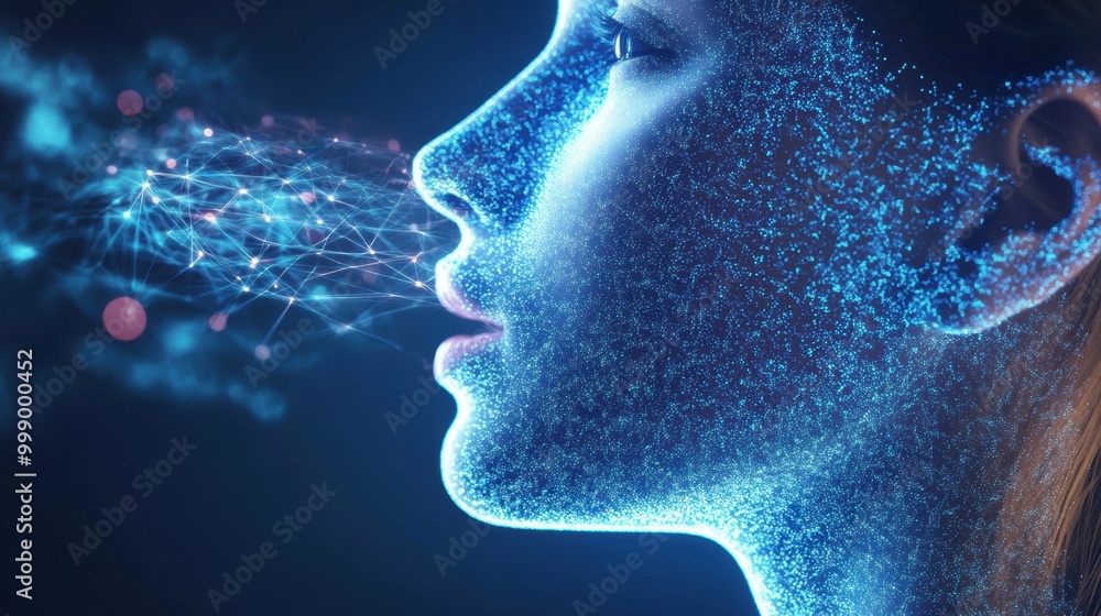 Digital artwork of a woman's profile with blue glowing particles emanating from her face. Digital artwork of a woman's profile with blue glowing particles emanating from her face.