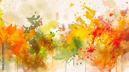 Abstract drawing illustration of red yellow orange and green colors leaves and trees in fall season. Art watercolor painting colorful autumn background. 