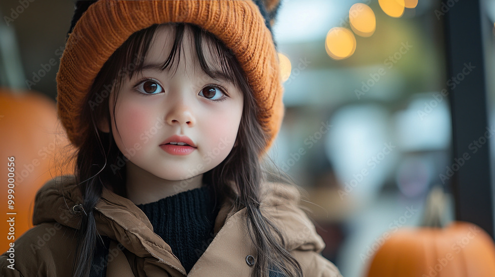 Japanese child dressed as a Halloween pumpkin Japanese child dressed as a Halloween pumpkin