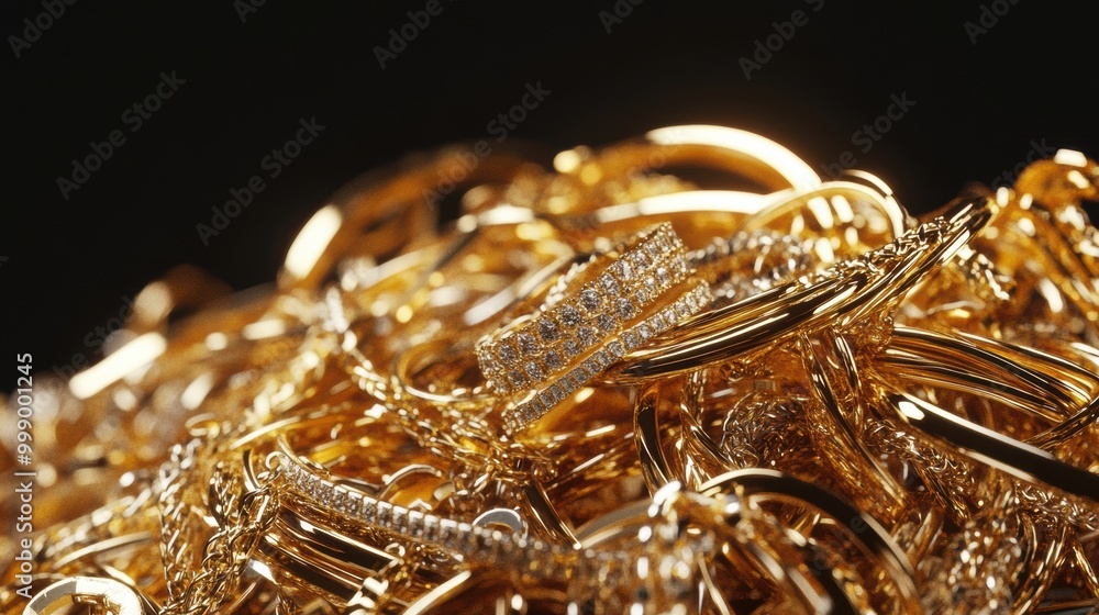 Collection of luxury gold jewelry with diamonds on a black background. Collection of luxury gold jewelry with diamonds on a black background.