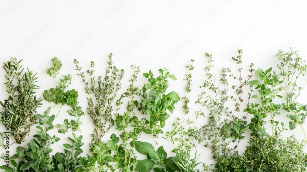 Assortment of Fresh Green Herbs on White Background Assortment of Fresh Green Herbs on White Background