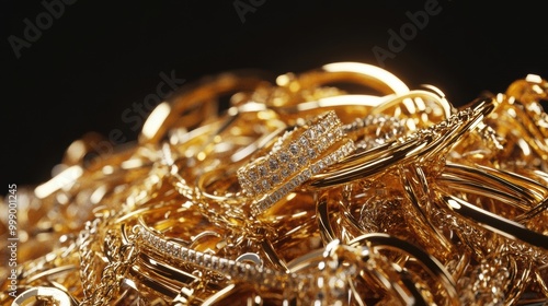 Collection of luxury gold jewelry with diamonds on a black background.
