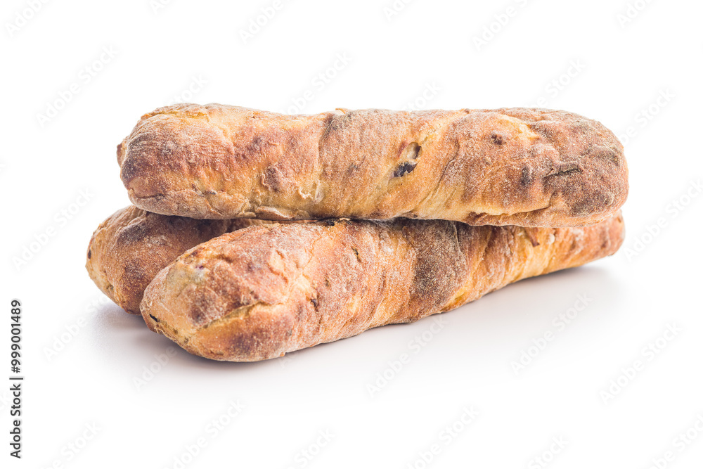 Crusty rustic baguette isolated on white table. Crusty rustic baguette isolated on white table.