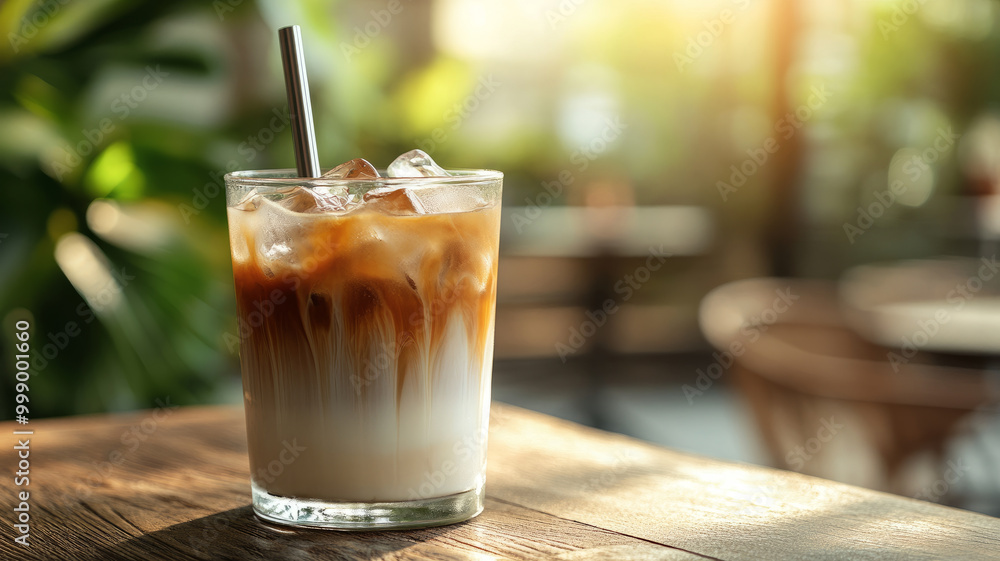 Iced coffee with straw on an outdoor table in sunlight Iced coffee with straw on an outdoor table in sunlight