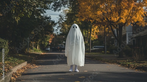 Person in ghost costume standing on suburban road