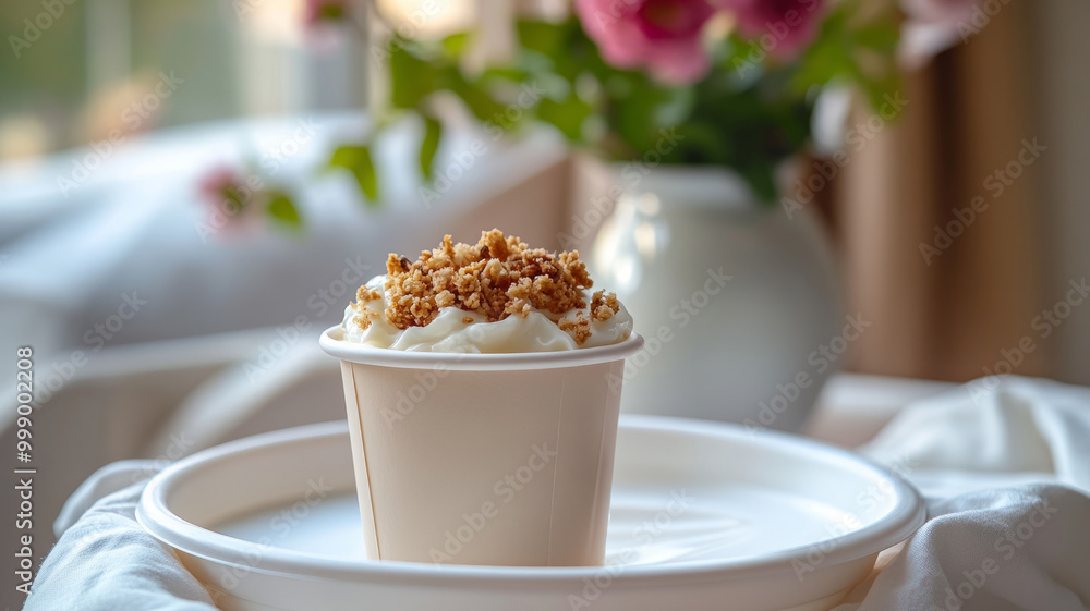 Cup of dessert with whipped cream and crumbles, set in a cozy ambiance. Cup of dessert with whipped cream and crumbles, set in a cozy ambiance.