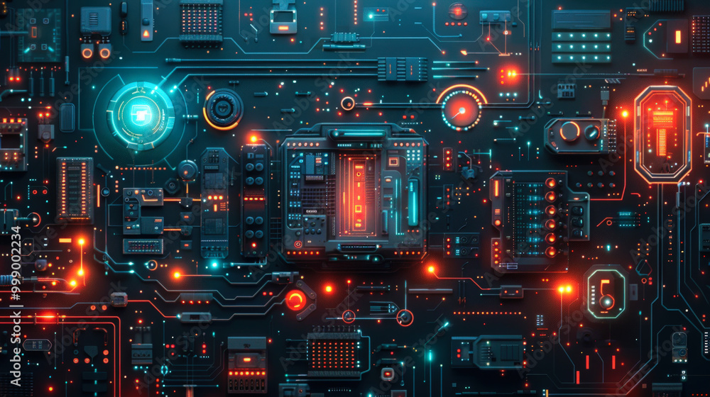 Futuristic circuit board with glowing components
Futuristic circuit board with glowing components