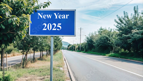 A serene country road welcomes the new year 2025 with a bright blue sign beneath a clear sky