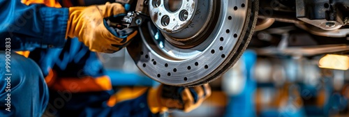 Automotive technician performing routine maintenance by replacing vehicle brake components