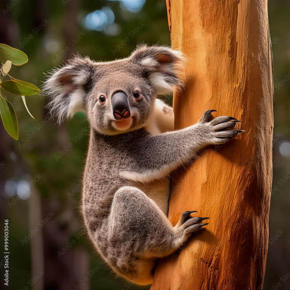 Obraz premium Generative artificial intelligence (AI) image of an Australian Koala climbing up a Eucalyptus tree in a forest.