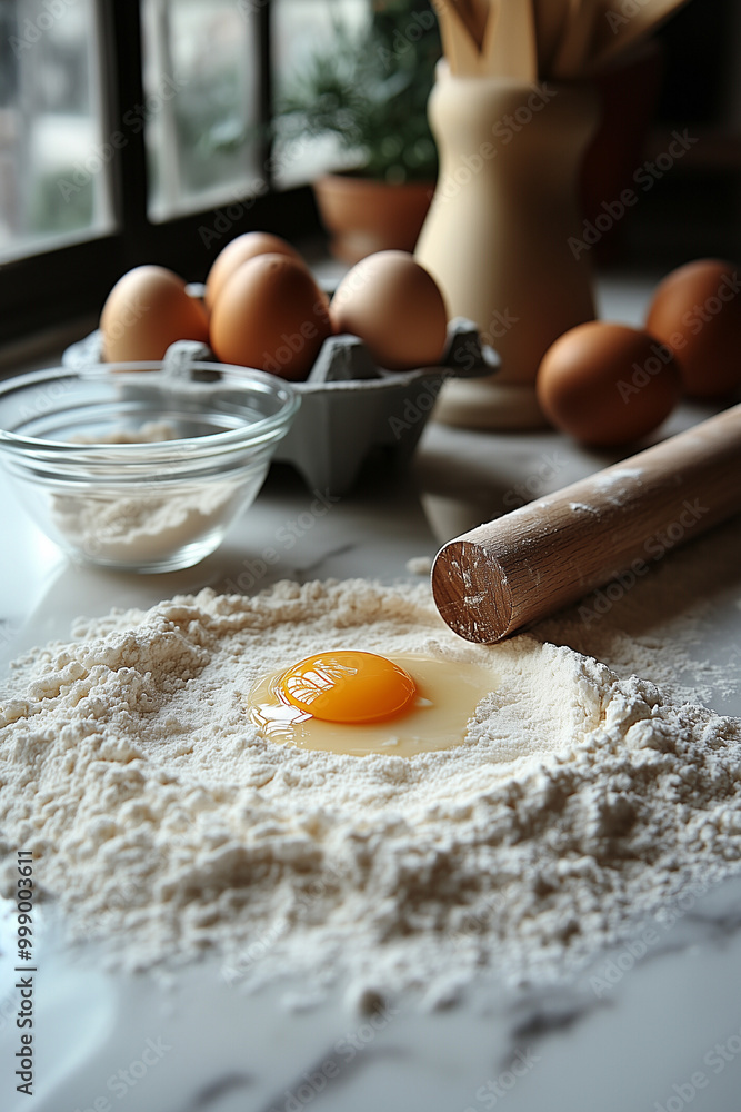 Fresh egg yolk waiting to be mixed with flour for preparing homemade dough, with a rolling pin and more eggs in the background. Fresh egg yolk waiting to be mixed with flour for preparing homemade dough, with a rolling pin and more eggs in the background.