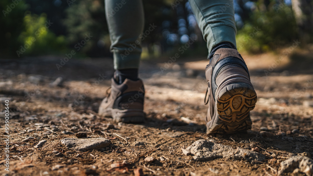Close up of a unknown man hiking on a dirt path with rocky terrain Close up of a unknown man hiking on a dirt path with rocky terrain