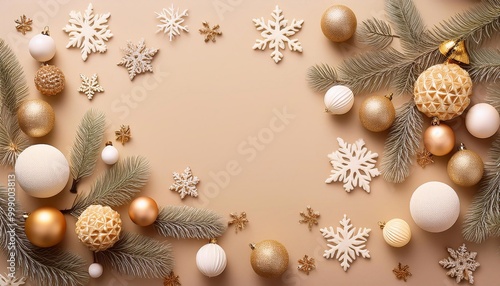 Christmas tree decorations and snowflakes on beige background with space for text, christmas and new year concept