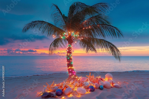 Tropical Palm Tree Wrapped in Christmas Lights with Seashell Ornaments by the Ocean photo