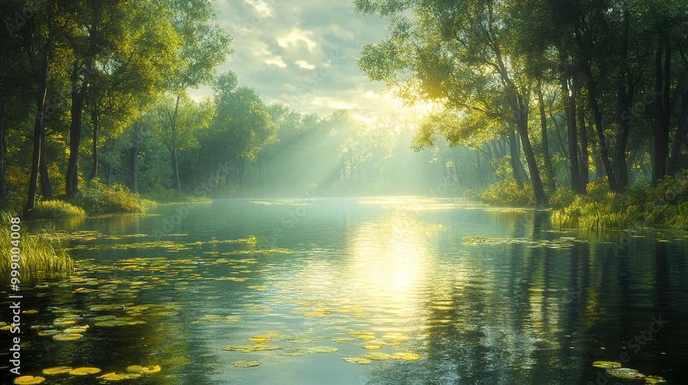 Serene River Landscape with Sunlight Through Trees Serene River Landscape with Sunlight Through Trees