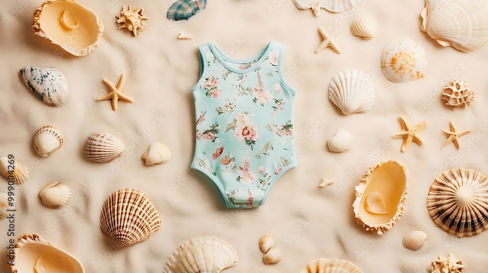 Floral Swimsuit on Sandy Beach with Seashells and Starfish Floral Swimsuit on Sandy Beach with Seashells and Starfish