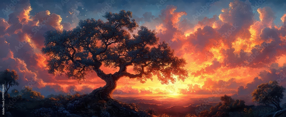 expansive landscape featuring a large oak tree in the foreground its branches stretching out wide against a colorful sunset evoking a sense of peace and grounding in nature expansive landscape featuring a large oak tree in the foreground its branches stretching out wide against a colorful sunset evoking a sense of peace and grounding in nature