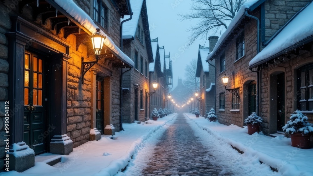 Obraz premium Generative AI, a street with a few buildings and lights on it in the snow covered streets of a city with a few buildings and lights on the street, grim yet sparkling atmosphere, a matte painting, bar