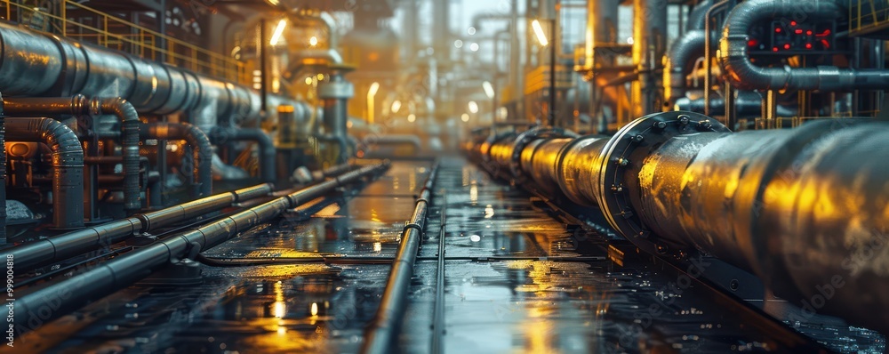 Close-up of industrial oil and gas pipelines with glowing orange lights in the distance. Free copy space for banner. Close-up of industrial oil and gas pipelines with glowing orange lights in the distance. Free copy space for banner.