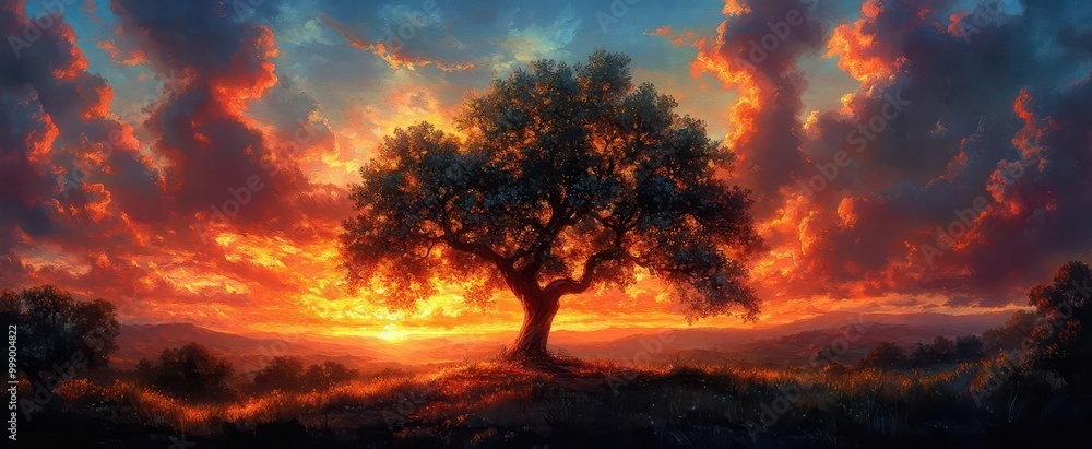 expansive landscape featuring a large oak tree in the foreground its branches stretching out wide against a colorful sunset evoking a sense of peace and grounding in nature expansive landscape featuring a large oak tree in the foreground its branches stretching out wide against a colorful sunset evoking a sense of peace and grounding in nature
