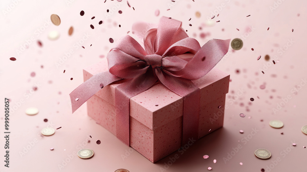3D icon of an open gift box with a ribbon, coins flying around it, isolated on a light background 3D icon of an open gift box with a ribbon, coins flying around it, isolated on a light background