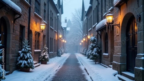 Generative AI, a street with a few buildings and lights on it in the snow covered streets of a city with a few buildings and lights on the street, grim yet sparkling atmosphere, a matte painting, bar 