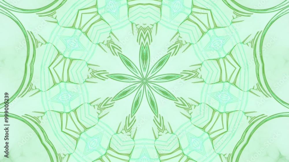 Fototapeta blütenförmige abstrakte Grafik, Sternförmig, Frühlingsdesign, Pastellfarben, Mandala, mittig, symmetrisch, grün