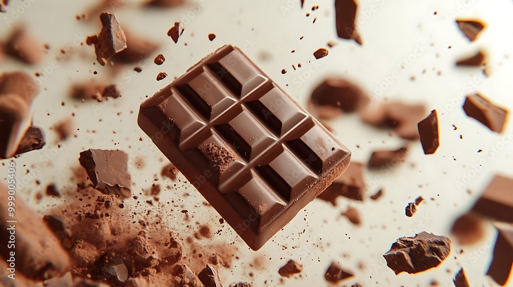 Chocolate Bar Falling with Cocoa Powder and Chunks Chocolate Bar Falling with Cocoa Powder and Chunks