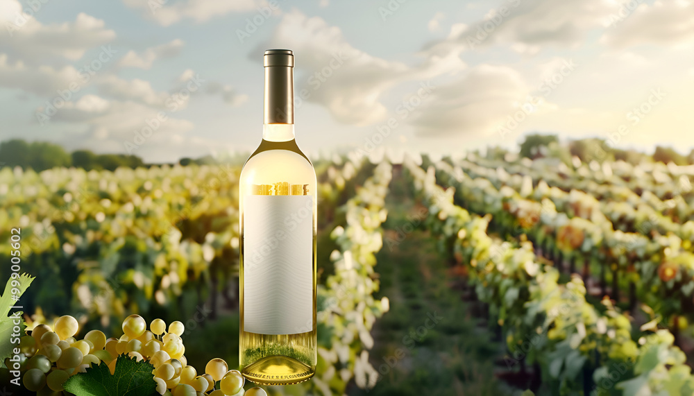 White wine bottle mock-up set in a vineyard landscape, highlighting the connection between wine and its natural origins White wine bottle mock-up set in a vineyard landscape, highlighting the connection between wine and its natural origins