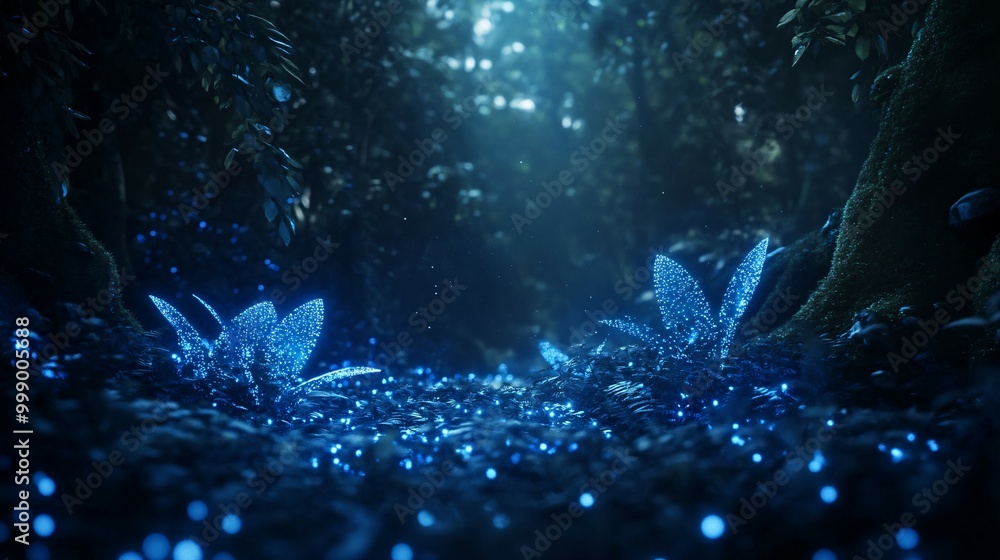 Fototapeta premium Bioluminescent Plants in a Dark Forest