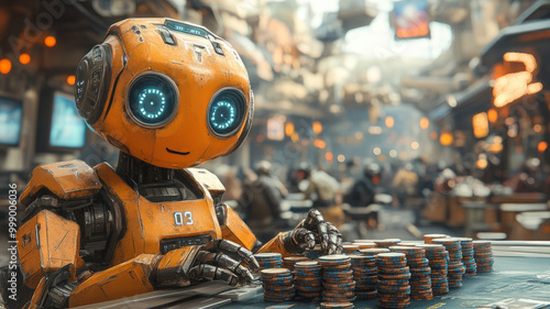 robots are sitting at a table, there are stacks of casino chips on the table, art style, futuristic landscape in the background,