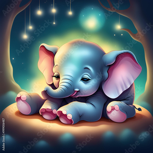 elephant and moon  Baby  cub welp cartoon fantasy style dreamy background children stories wallpaper photo