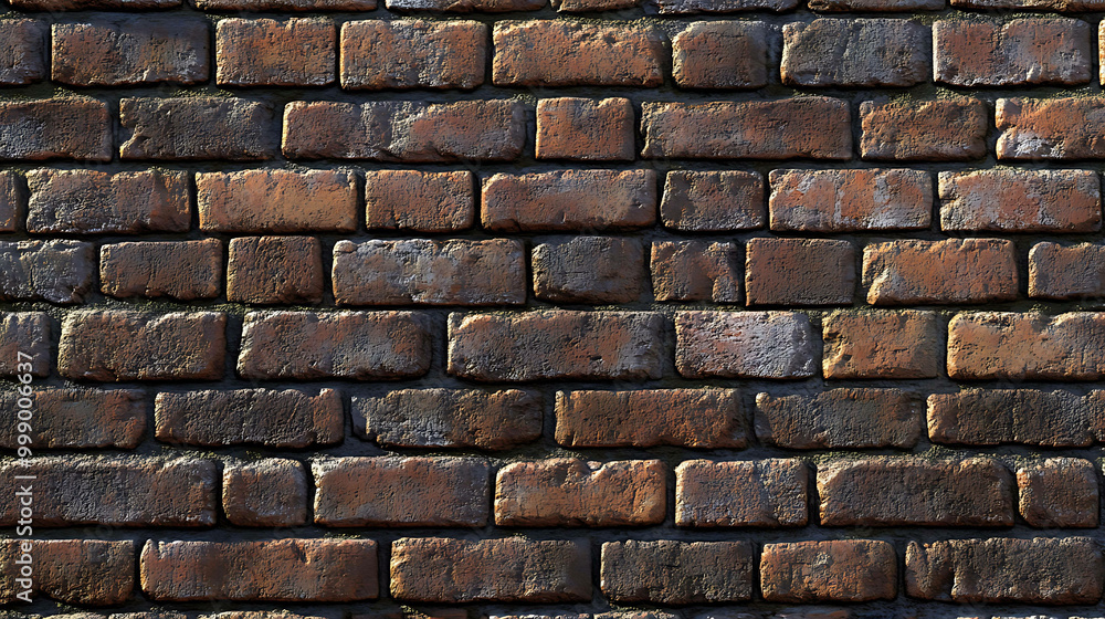 A weathered brick wall with a reddish-brown color and some faded areas. A weathered brick wall with a reddish-brown color and some faded areas.