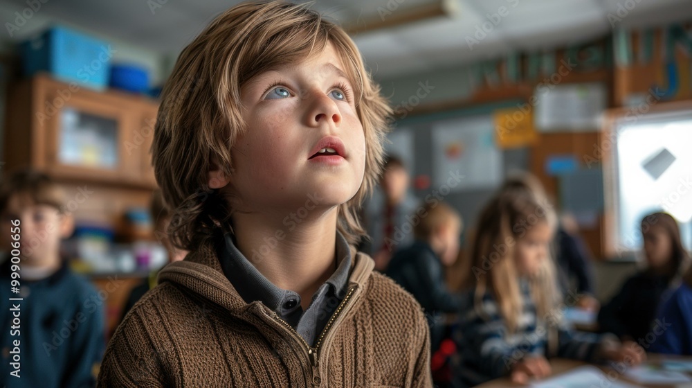 A young boy looks up, eager to learn in a classroom setting. AI. A young boy looks up, eager to learn in a classroom setting. AI.