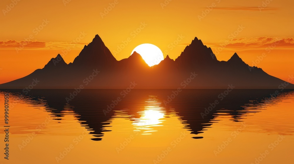 Isometric 3D Illustration of Sunset over Mountains Isometric 3D Illustration of Sunset over Mountains