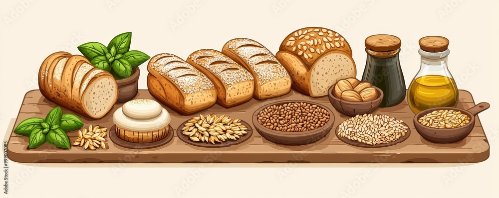 Freshly Baked Bread and Ingredients on a Wooden Board Freshly Baked Bread and Ingredients on a Wooden Board