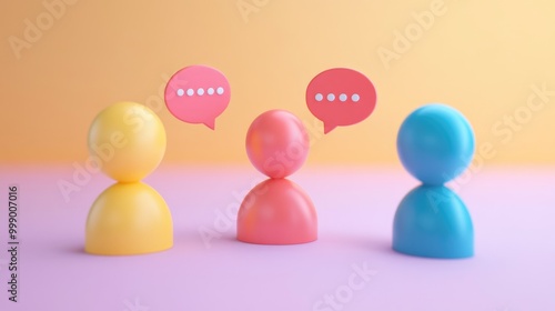 Three 3D figures with speech bubbles, symbolizing communication, discussion, and online conversation.