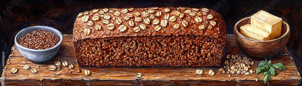Rustic Bread on Wooden Board with Oats and Butter Rustic Bread on Wooden Board with Oats and Butter
